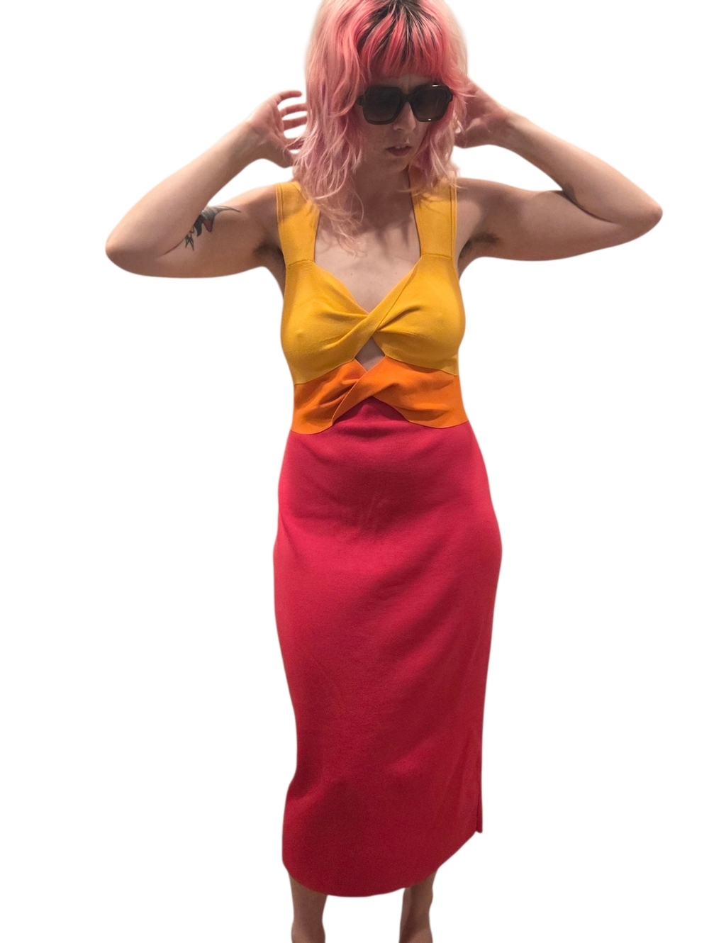 Express Colorblock Sunset Sleeveless Knit Dress Twist Cutout Front L